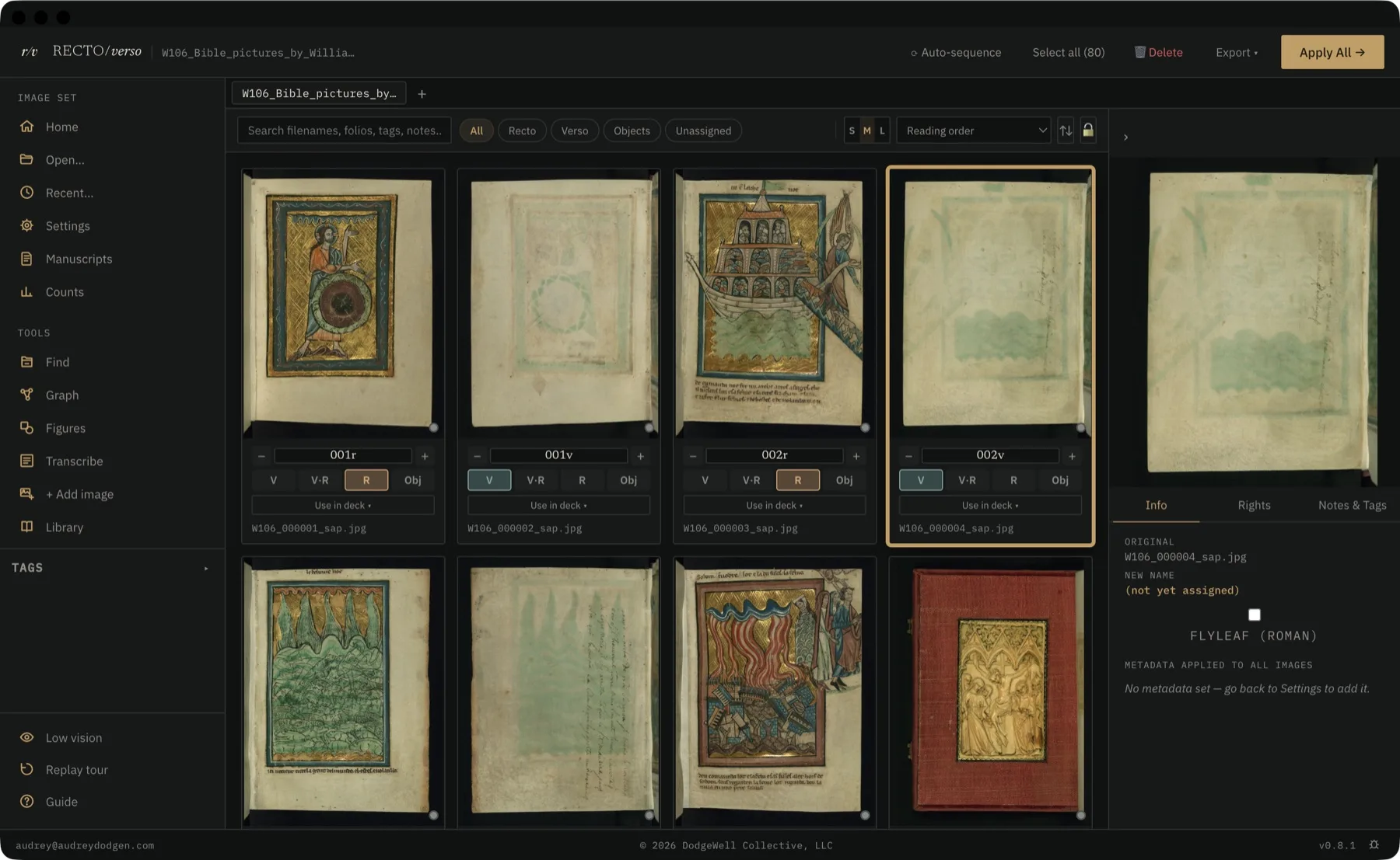 The Recto/Verso grid: a cataloged book of hours with folio names, shelfmark, and metadata