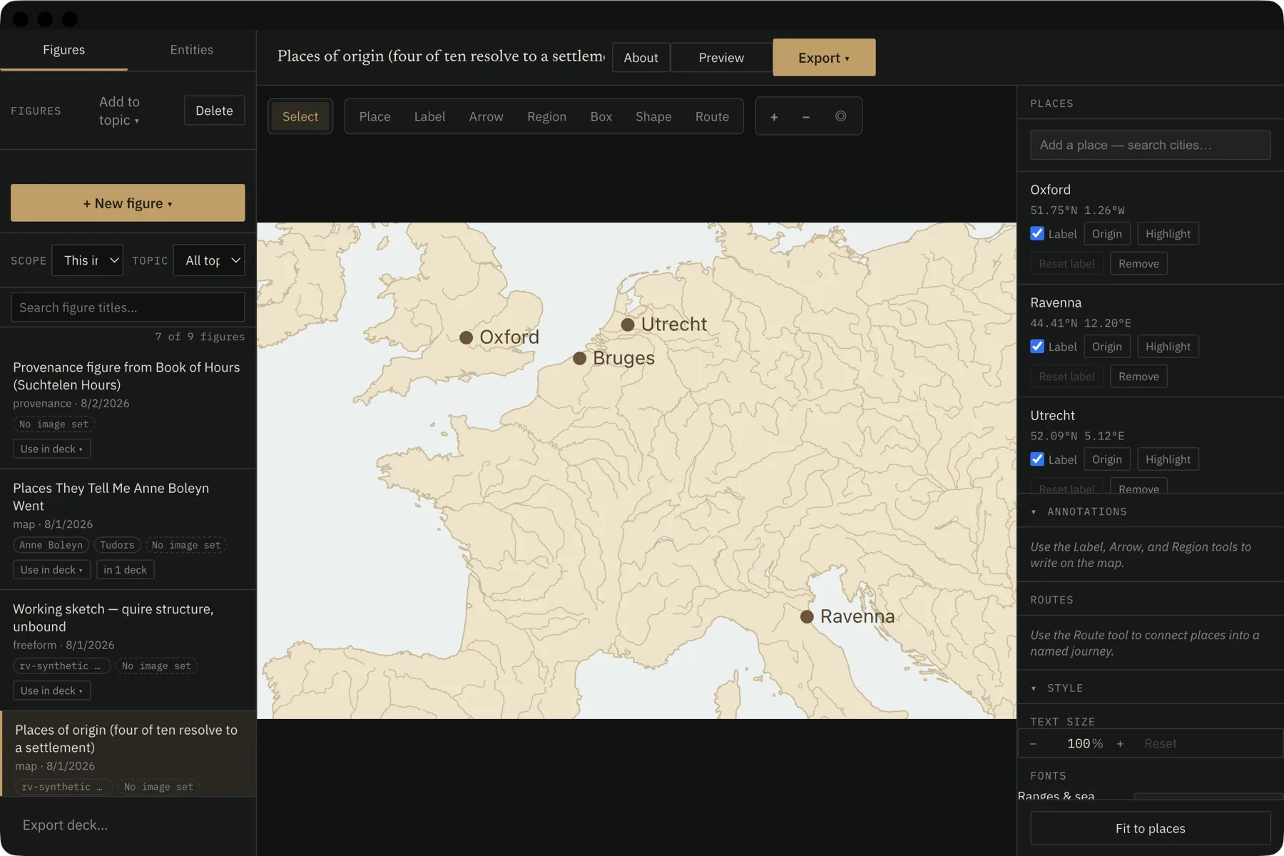 Places-of-origin map with pins at Oxford, Bruges, Utrecht, and Ravenna